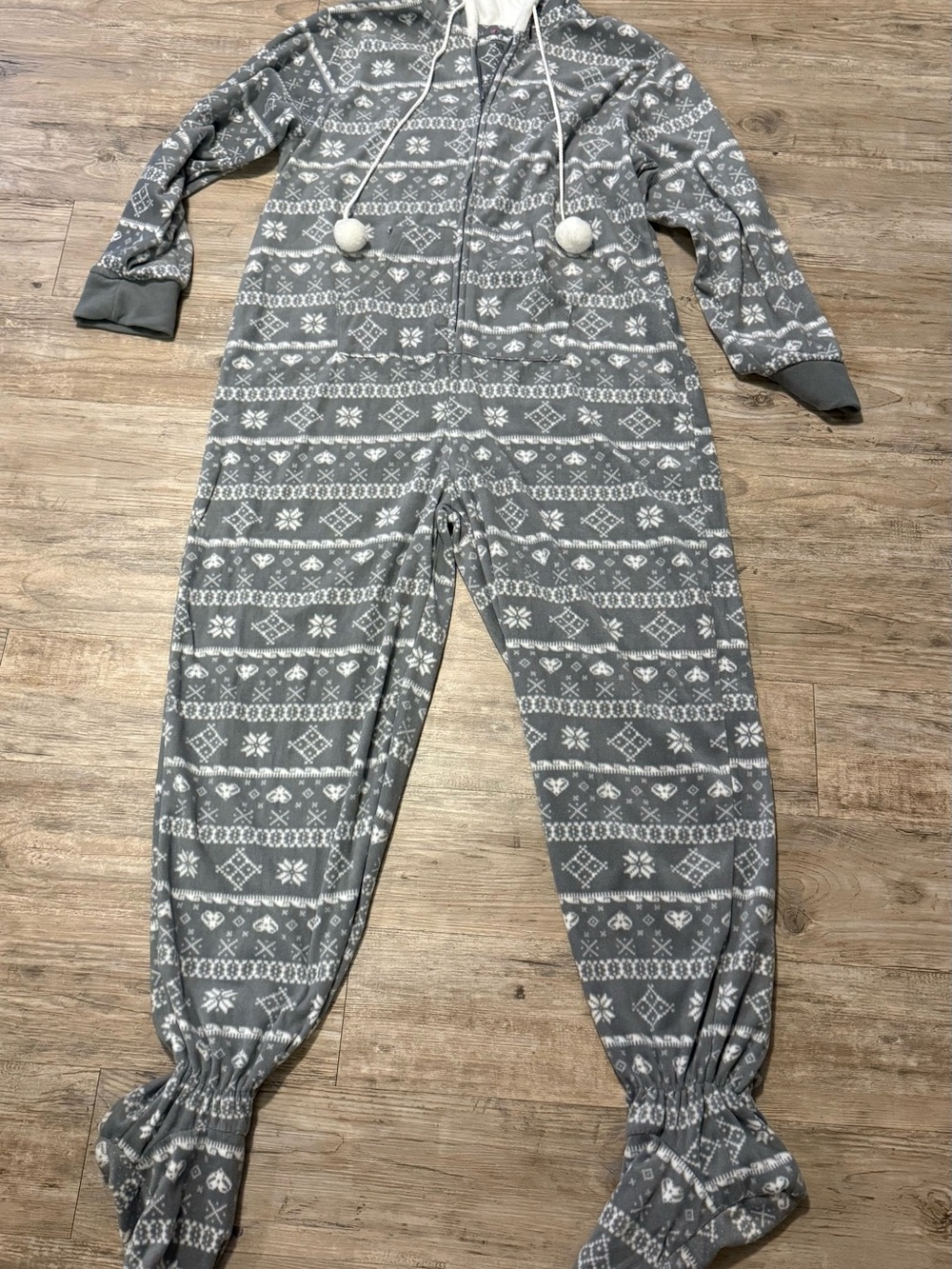 Cozy Grey Fair Isle Footie Onesie with Pom Drawstring Hood